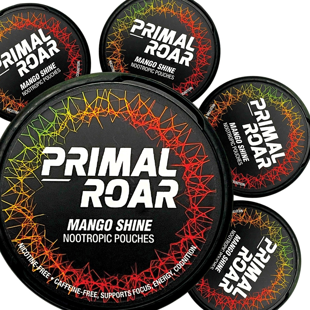 Primal Roar Mango Shine - Stimulant-Free Deep Focus Pochettes Nootropiques Lions + Cognizin Citicoline + Huperzine A.O. Nicotine et caféine-Free.O. 20 Pochettes par boîte (100 Total en 5-Pack)
