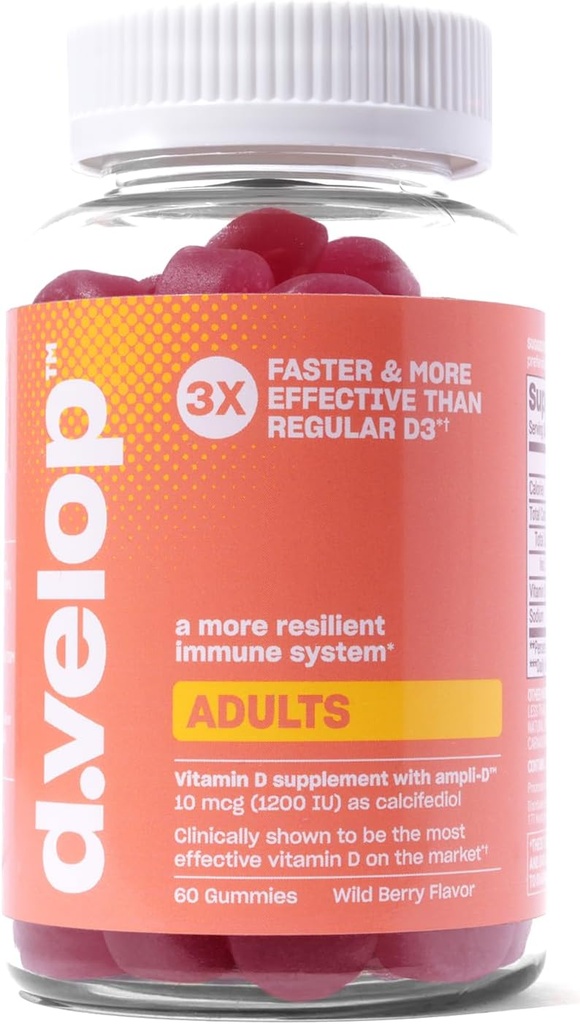 d.velop Vitamin D Gummis für Erwachsene - 1200 IU, 10 mcg – Hohe Potenz Vitamin D3 Gummis -Immune Unterstützung, Knochen & Herz Gesundheit – 3X Schneller & More Effective – Neue Formel, Wild Berry Flavor 60 Count