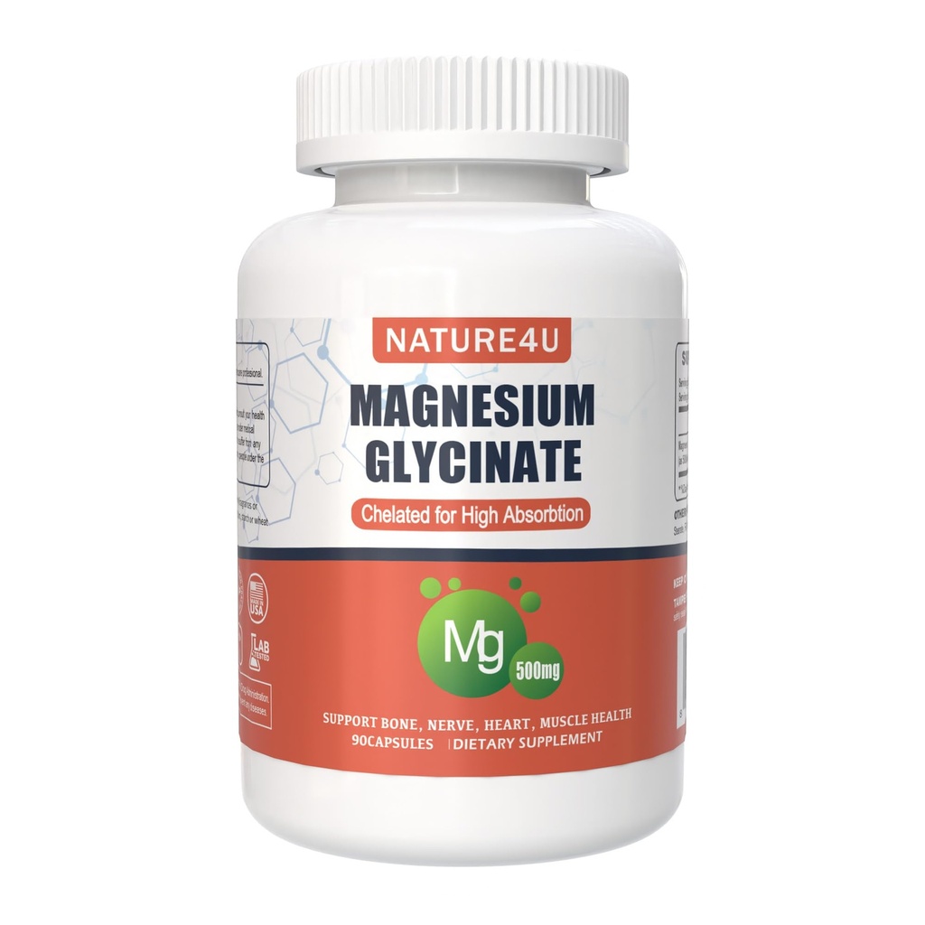 Glycinat de magnésium 500mg, 100 % chélate pour supplément de magnésium à haute absorption pour le sommeil, le muscle, le coeur, le jamais et le os, 90 Capsules