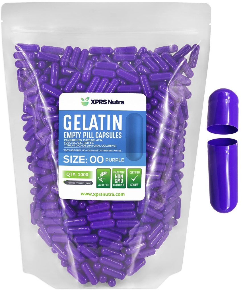 XPRS Nutra Size 00 Empty Capsules - 1000 Count Empty Gelatin Capsules - Pills DIY Capsule Filling - Fillable Pill Gel Caps for Do-It-Yourself Supplements (Purple)