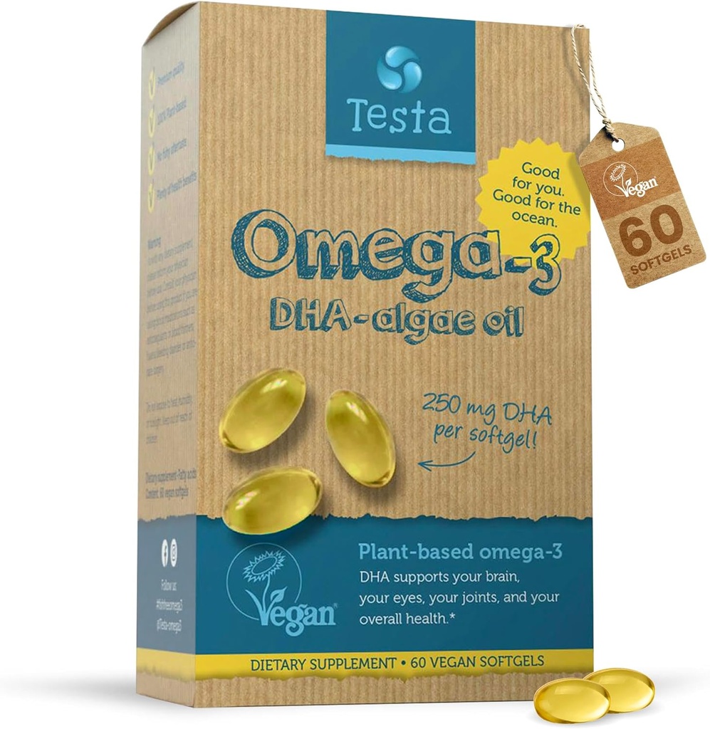 Testa Omega 3 Supplement - 250mg DHA von Algae Öl - Vegan Omega 3 - Unterstützt Gehirn, Augen & Gelenke Gesundheit - Nicht von Fisch, Pure Algae Kapseln - Zwei Monate Versorgung
