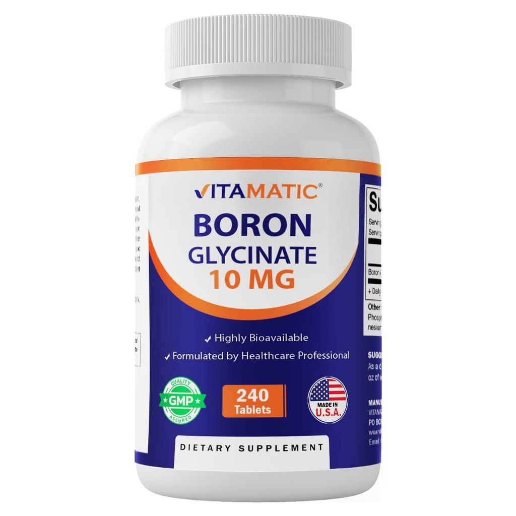 Vitamatic Chelated Boron (as Glycinate) 10mg 240 Tablets - Supports Hormone Balance, Bone Health & Connective Tissue