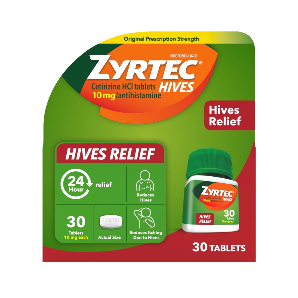 Zyrtec 24 heures Hives Comprimés de soulagement, 10 mg Cétirizine HCl Comprimés pour aider à réduire l'urticaire et réduire les démangeaisons dues à l'urticaire, les comprimés antihistaminiques pour le soulagement et le traitement de l'urticaire, 30 ct