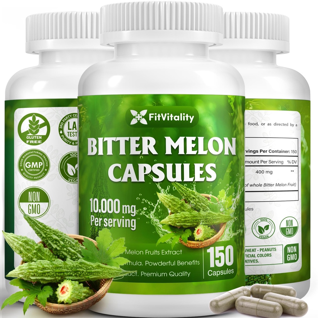 Amer Melon Capsules de 150 capsules végétaliennes Approvisionnement de 150 jours $ 9,000mg par portion $ Bitter Melon Fruit 25:1 Extrait $ 100% Pure & Natural $ Supplément sans gluten $ Ultimate Concentré