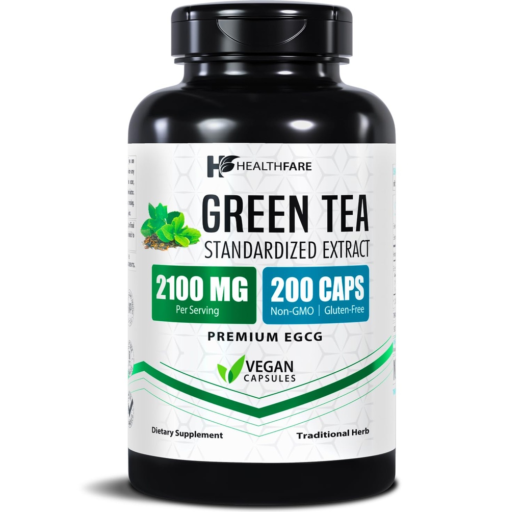 Pilules d'extrait de thé vert de Healthfare 2100mg.com Supplément normalisé avec EGCG & Polyphénols.com 200 Capsules Vegan.com Support antioxydant extra-fort.com Non-OGM, sans gluten.com Fabriqué aux États-Unis