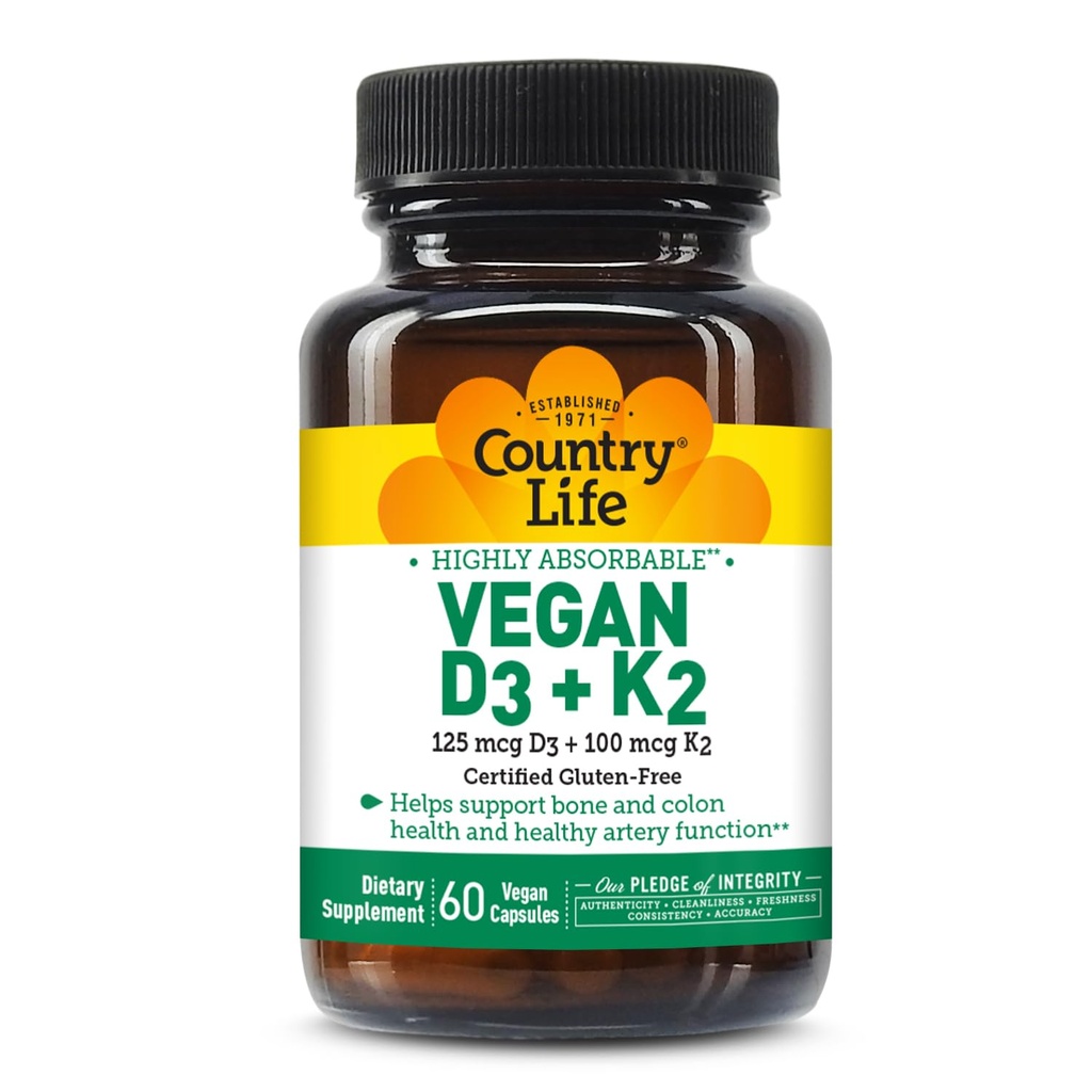 Country Life Vegan D3 + K2 – 5000 IE Vitamin D3 & 100 mcg MK-4 & MK-7 | Unterstützt Knochen-, Immun-, Colon & Artery Health | Zertifiziert Vegan, glutenfrei, B-Corp, 60 Kapseln