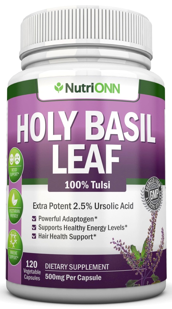 Heilige Basilikum Blatt Kapseln - 500mg - 2,5% Ursolsäure - 120 Vegan Kapseln - Real Tulsi Extrakt Supplement - Positive Mindset - Adaptogenic & Ayurvedic Kräuter