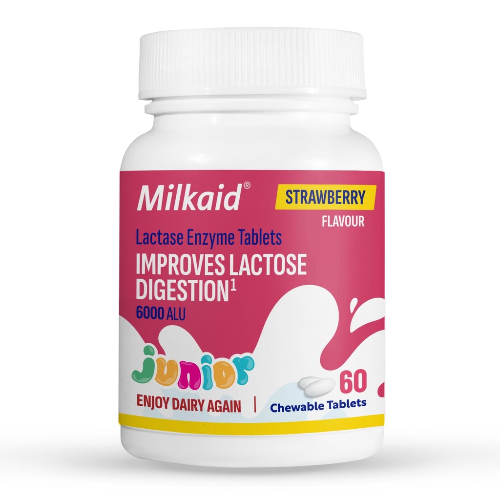 Milkaid Junior Lactase Enzyme Chewable Tablets for Lactose Intolerance | Prevents Gas, Bloating, Diarrhea in Children| Fast Acting Dairy Digestive Supplement for Kids| Strawberry Flavor | 60 ct (1)