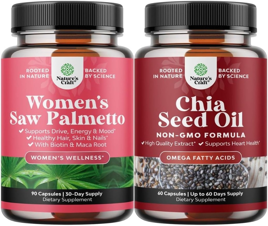 Ensemble de Palmetto de scie extra-fort pour les femmes et les capsules d'extraction d'huile de graines de Chia - Vitamines de croissance des cheveux plus rapides plus épais - Omega 3 6 9 de base végétale et capsules de fibre quotidienne