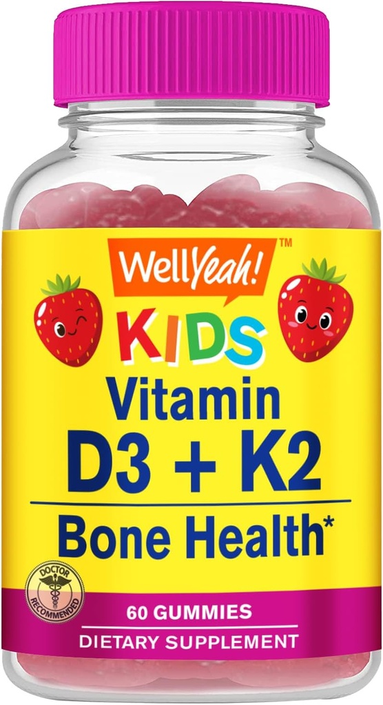 WellJa Vitamin D3 + K2 für Kindergummis - Vitamin D3 1000 IU, K2 100 MCG - Knochen- und Muskel-Gesundheitsunterstützung, natürliche Aromen, GMO frei, Glutenfrei, Vegan - K2 D3 Vitamin Supplement- 60 Gummie