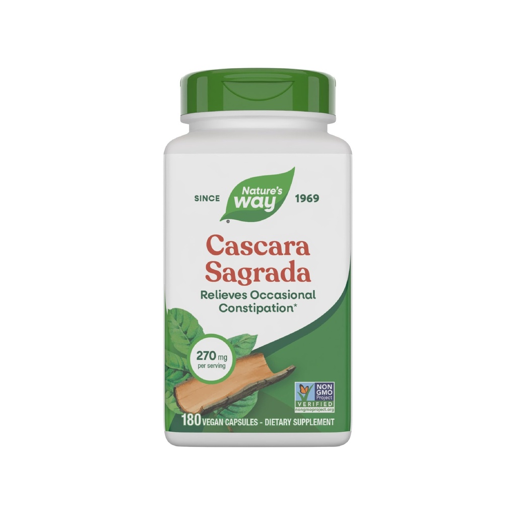 Nature's Way Cascara Sagrada Bark, Freizeitbehinderung für Erwachsene und Kinder Alter 12+, Unterstützt Regularität*, Non-GMO Projekt Verified, 270 mg pro Servierung, 180 Kapseln (Packaging May Vary)
