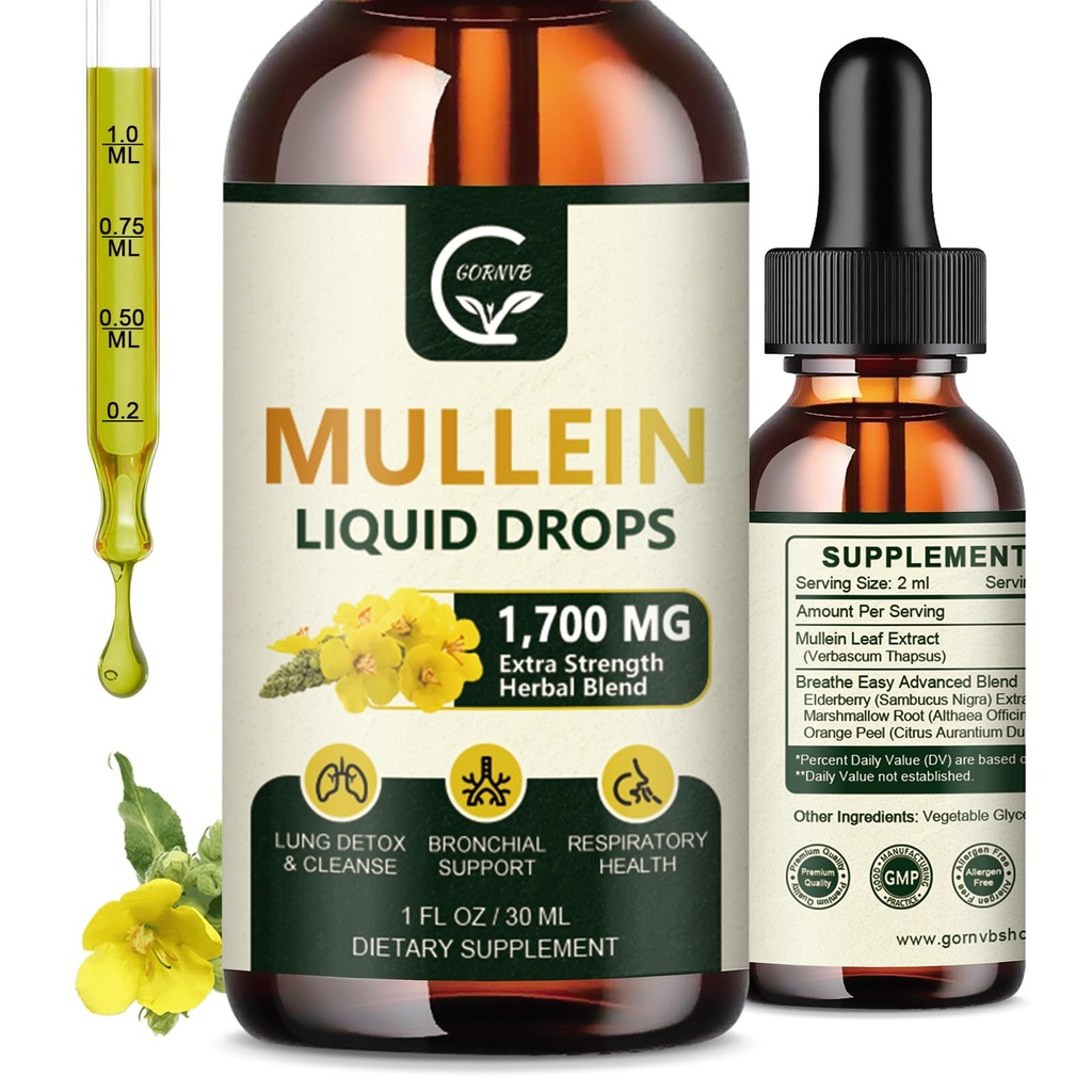 (2 packs) gouttes de Mullein pour les poumons - Lungs Cleanse and Respirative Support, puissant extrait de 4 en 1 de Mullein Leaf avec Elderberry, Marshmallow Root et Orange Peel pour Bronchial Support, 1 Fl Oz