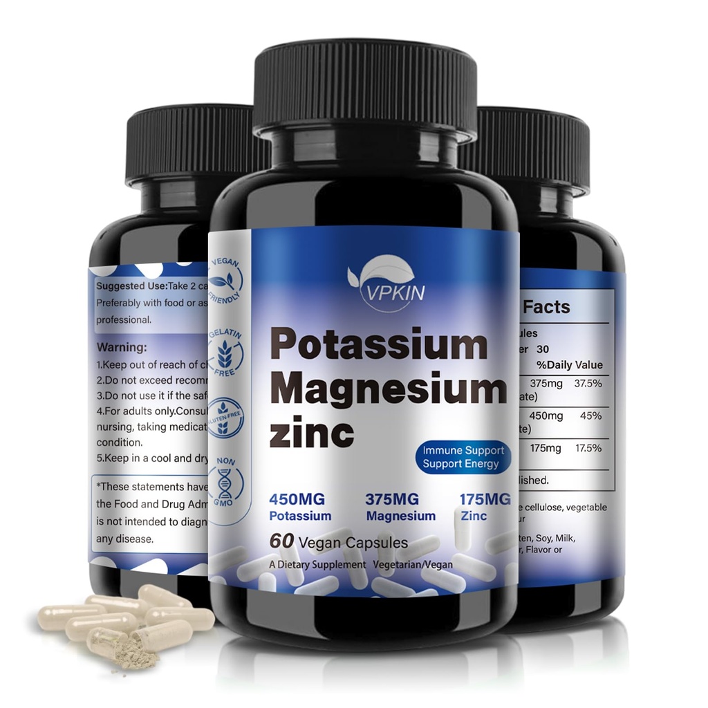 Supplément de magnésium de potassium 1000mg,Zinc de potassium de magnésium pour les crampes de jambes,Complexe de magnésium de haute absorption,Vegan (60 Capsules)