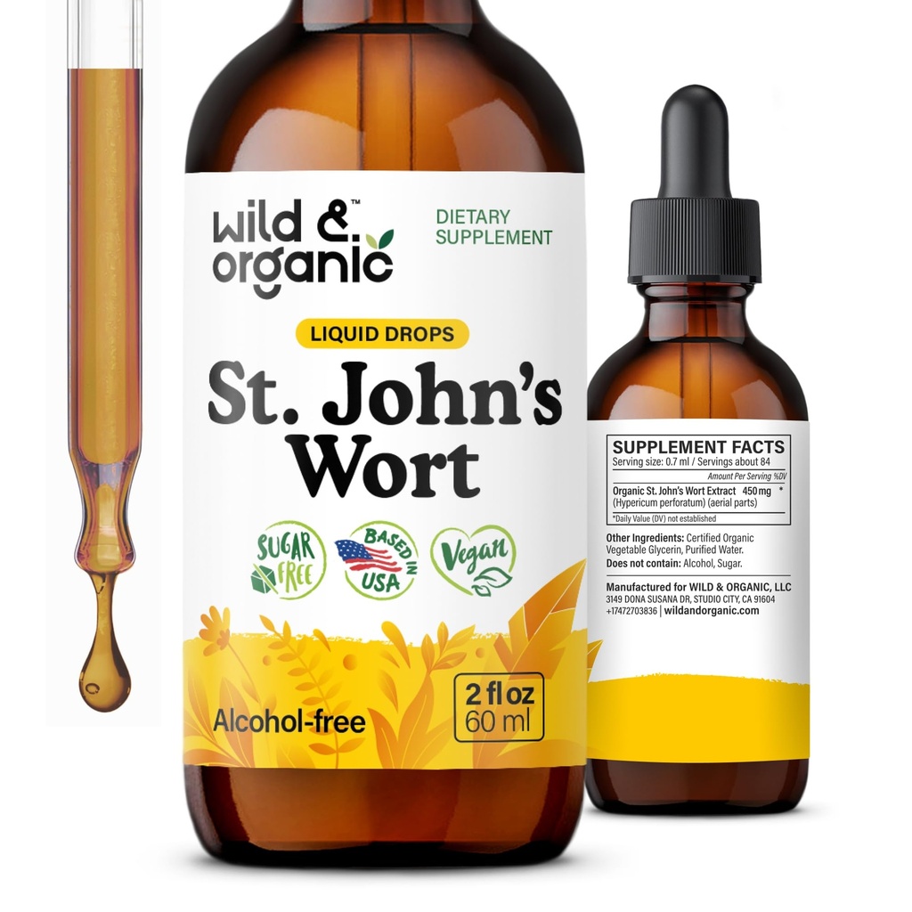 Wild & Organic St Johns Wort Tincture - Stimmungsunterstützung - Relaxing St. John's Wort Supplement - Liquid Hypericum Perforatum Kräutertropfen - Vegan, Zucker & Alkoholfrei - 2 fl oz