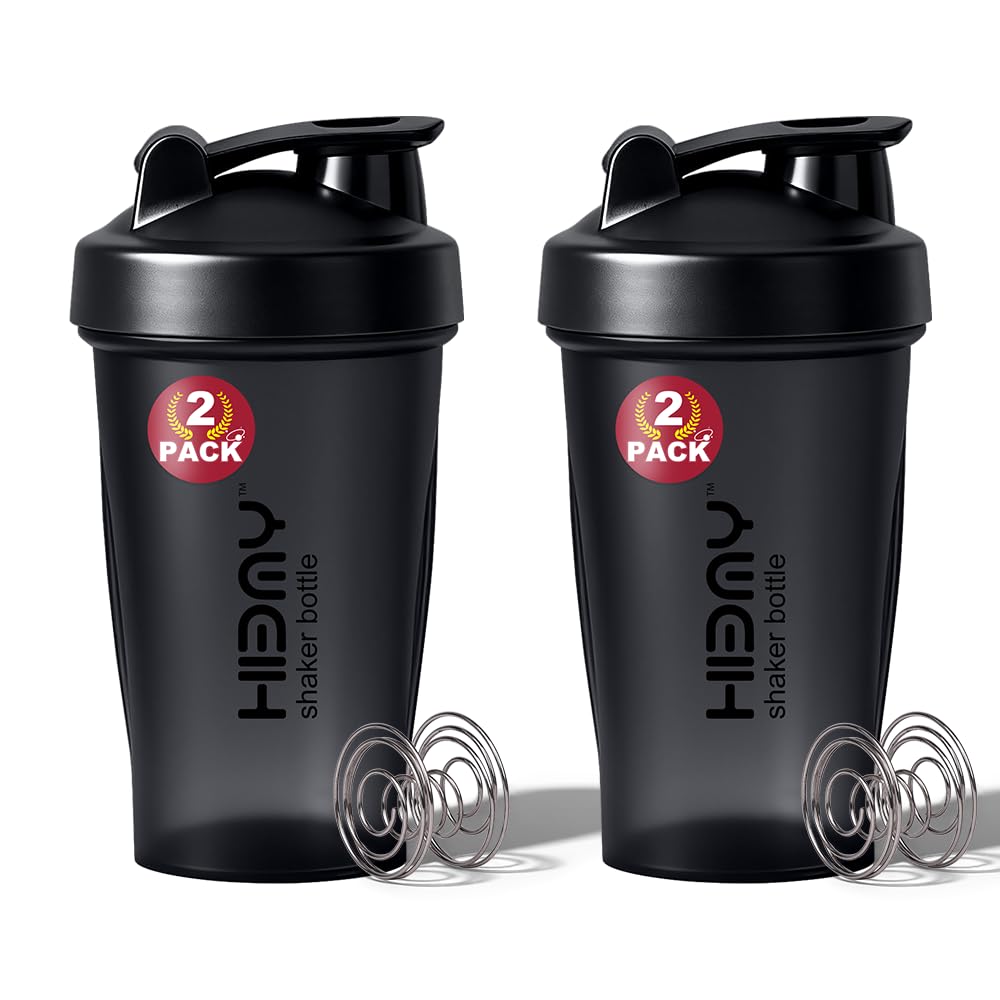 [ 2 Pack 400 ml / 12 OZ Protein Shaker Bottles for Protein Mixes, 2 x Whisk Ball | Shaker Cups for Protein Shakes | BPA Free, 100% Leak Proof, No Smell | Small Shake Bottle (B) Black/Black