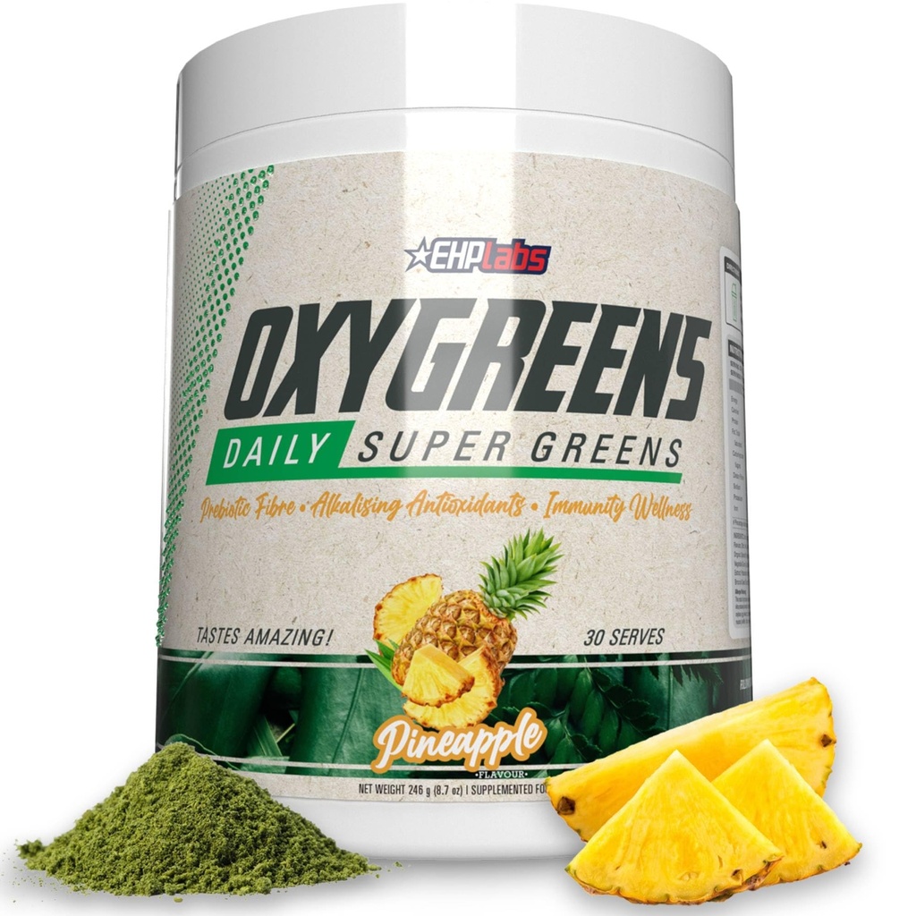EHP Labs OxyGreens Super Greens Pulver - Spirulina & Chlorella Superfood, Green Juice Powder & Greens Supplements mit präbiotischer Faser, Antioxidantien & Immunitätsunterstützung, 30 Portionen (Ananas)