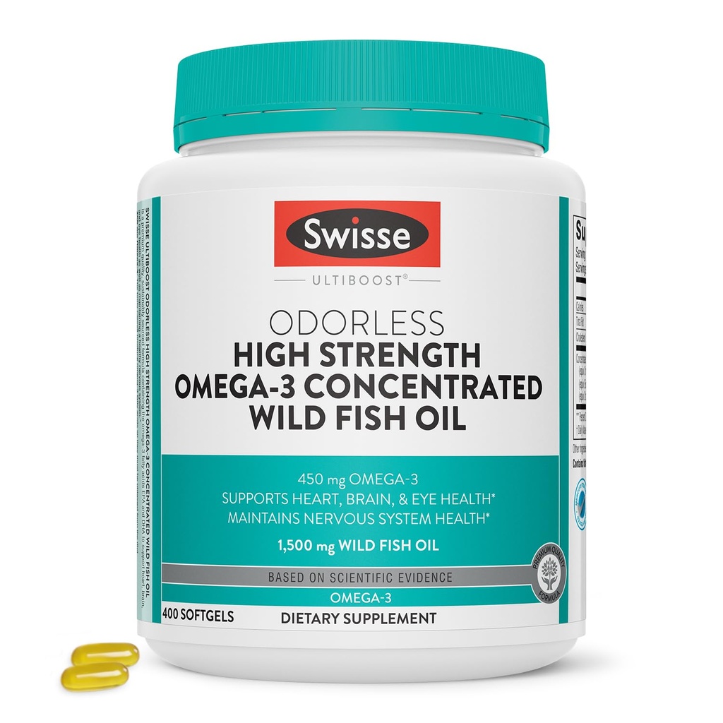 Swisse Wild Fish Oil Omega 3 Ergänzungen für Frauen und Männer | EPA DHA Fischöl Ergänzungen | Odorless - Hilft Unterstützung Gehirn, Auge und Herz Gesundheit | Hohe Stärke 1500 mg | 400 Softgel Pillen