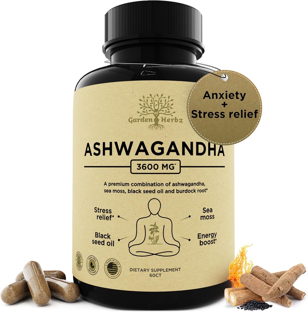 Organic Ashwagandha Root & Irish Sea Moss – 3.600 mg Ashwagandha Supplement mit schwarzem Seed Oil, & Burdock Root – Kräuterergänzung für Energie, Stress Relief, Extra Strength, 60 Caps