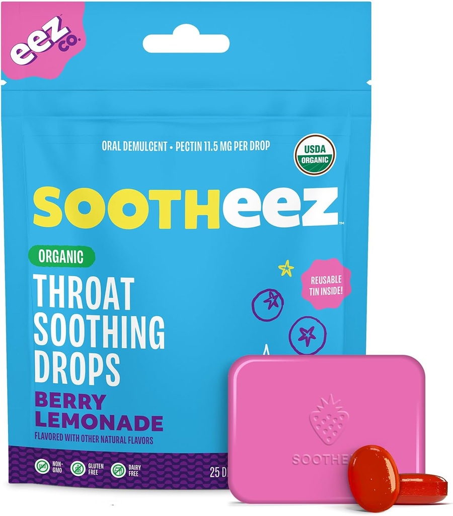 Sootheez Organic Throat Beruhigende Tropfen für Erwachsene, Berry Lemonade, 25 Count, Nachfüllbar, Große Verkostung Tropfen, die beruhigende Schmerzen