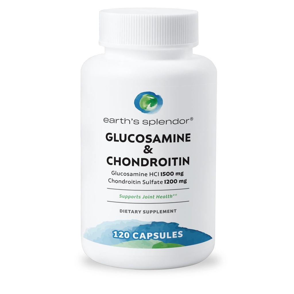 Splendeur de la Terre Glucosamine HCI 1500 mg Sulfate de chondroïtine 1200 mg Supplément pour les hommes et les femmes, soutient la santé conjointe, soutient la fonction articulaire quotidienne (120 capsules, 1 mois et plus)