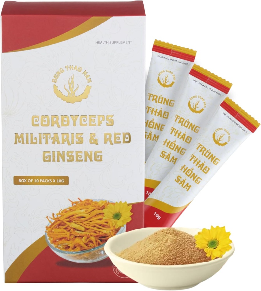 Dong Thao NAM - Bio Red Ginseng und Cordyceps Pulver, 6 in 1 Kräuterextrakt, erhöht Alertness, erhöht Energie und reduziert Fett, Koffeinfrei, Packung von 10