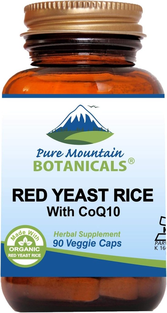 Pure Mountain Botanicals Red Yeast Riz avec CoQ10 90 Kosher Capsules Vegan Maintenant avec 600mg Bio Red Rice Yeast Plus Co Q 10