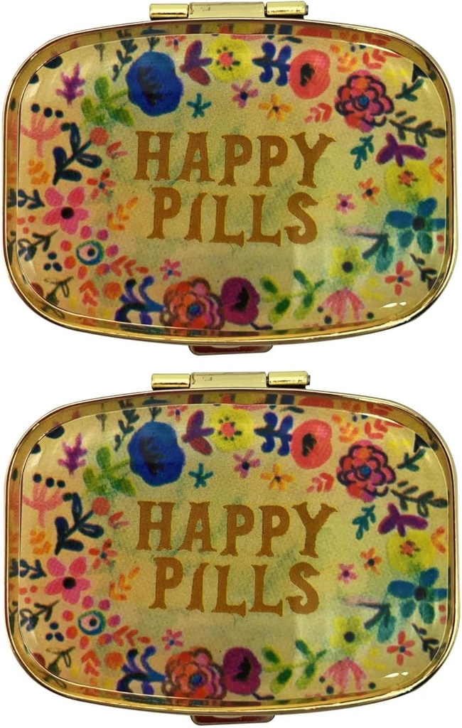 2 paquets de boîtes de pilules mignonnes Travel Friendly Portable Compact Metal Pill Organizer Pill Box pour tenir les vitamines/tylénol/huile de poisson/compléments/médecine/comprimé pour la purée/pochette (piles heureuses)