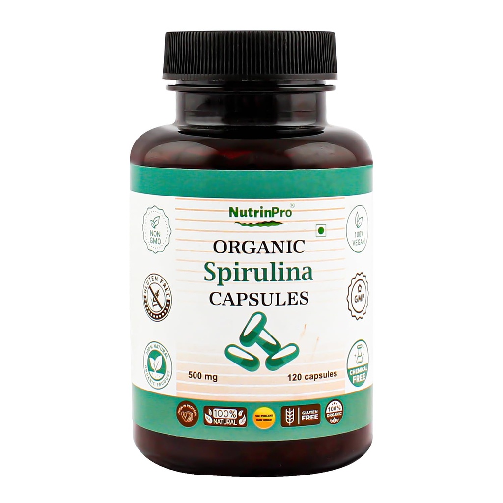 Gélules de spiruline biologique de l'USDA - Supplément 100% végétalien pur, non-OGM, sans gluten, sans produits chimiques, (120)