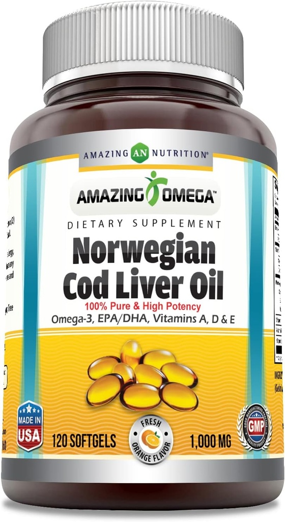 Erstaunlich Omega Norwegian Cod Liver Oil (Omega-3, EPA/DHA) Ergänzung | 1000 Mg pro Servieren | 120 Softgels | Orange Flavor | Non-GMO | Gluten-Free | Made in USA
