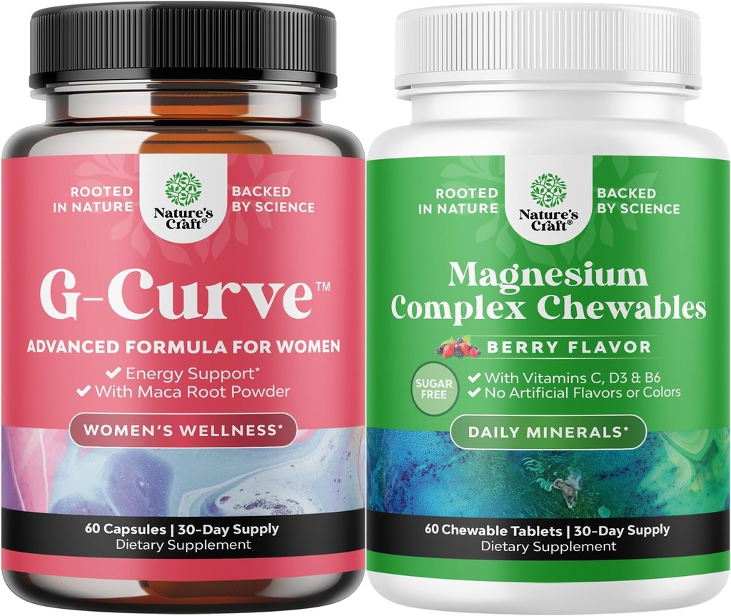 Bundle von G-Curve Butt & Brust-Verbesserung mit Säge Palmetto Extrakt Horny Goat Weed für Frauen und Zucker Kostenloses Magnesium Glycinate Kaubar mit Taurate & Citrate Complex Plus Vitamine D3 B6 & C