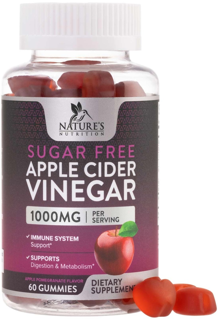 Gommies de vinaigre de cidre de pomme pour perte de poids, Zéro sucre - Poudre de vinaigre de cidre de pomme 1000mg par portion - Gommy de vinaigre de cidre de pomme végétalien pour désintoxication et nettoyage - vinaigre de cidre sans sucre Supplément - 60 Gummies