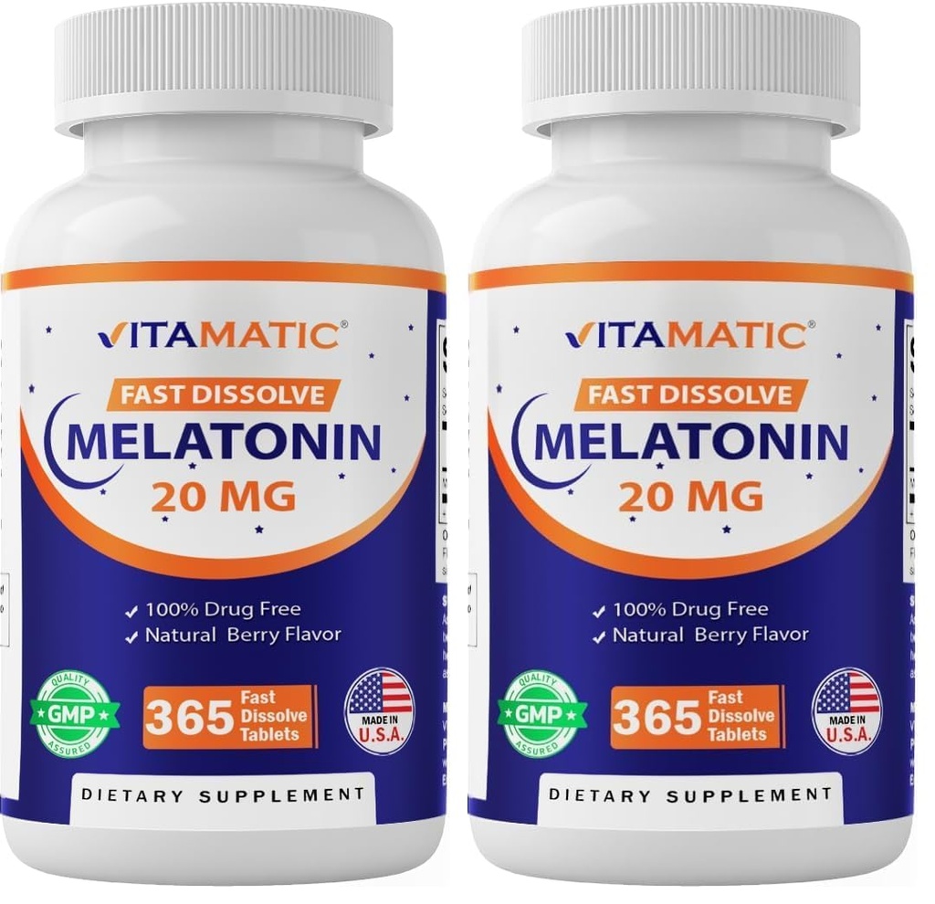 Vitamatic Melatonin 20 mg Tabletten | Vegetarisch, Nicht-GVO, Glutenfrei | 1 Jahr Versorgung | Natural Berry Flavor - 365 Tabletten (Paket von 2)