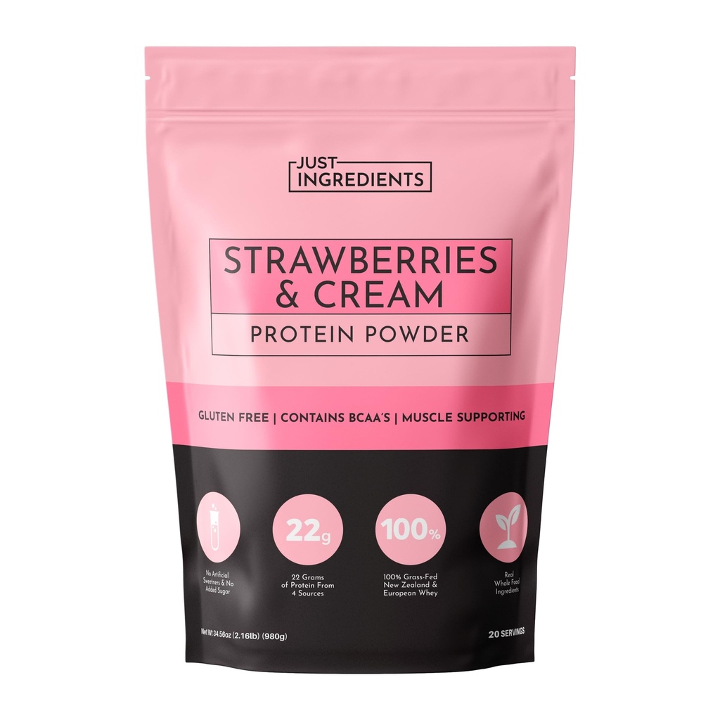 JUST INGREDIENTS Strawberries & Cream Protein Powder – 20-Serving Blend with 100% Grass-Fed Whey & Organic Plant Proteins – Real Strawberry Flavor – Supports Muscle Recovery, Energy*