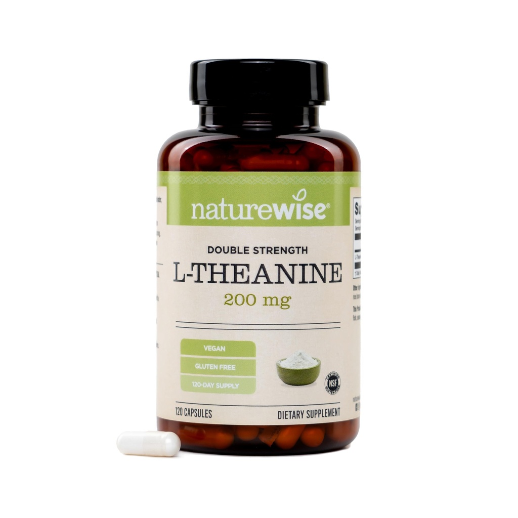 NatureWise Double Strength L-Theanine 200mg - Vegan L Theanine Supplément pour la relaxation + soutien du sommeil - NSF Certified L-Theanine - Non-GMO, USA Fabriqué - 120 Capsules[120 Day Supply]