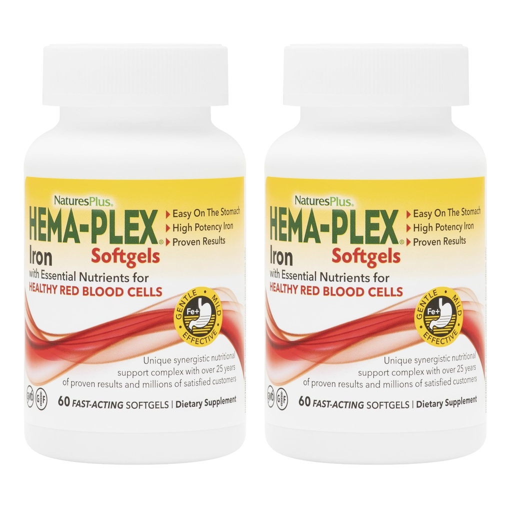 NaturesPlus Hema-Plex Fer - 60 softgels à action rapide - 2 packs - 85 mg Fer + vitamine C et bioflavonoïdes pour cellules rouges saines - Vegan, sans gluten - 40 portions totales