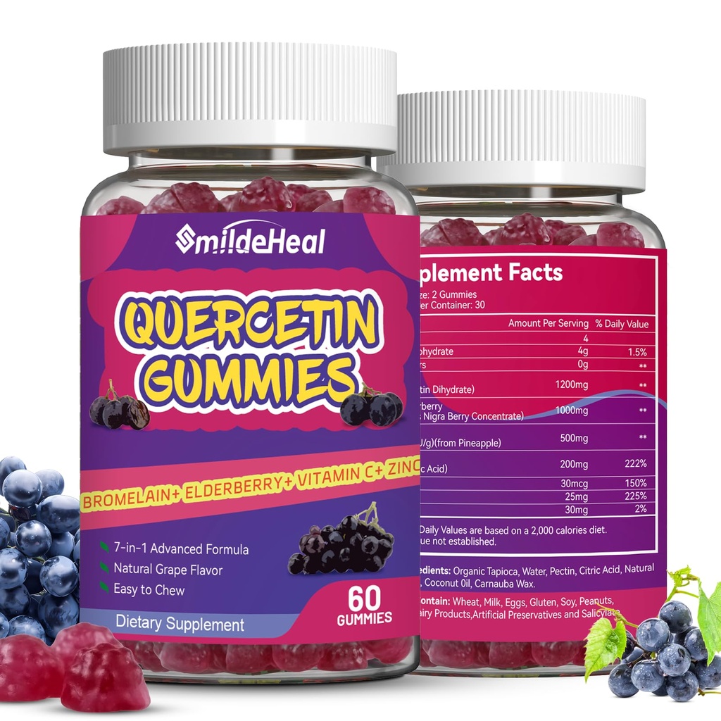2 Pack Quercetin Gummies 1200MG, Quercetin Gummis mit Bromelain, Zink Vitamin C, Immunsystem Vegan Gummy für Erwachsene & Kinder, 120 Vegan