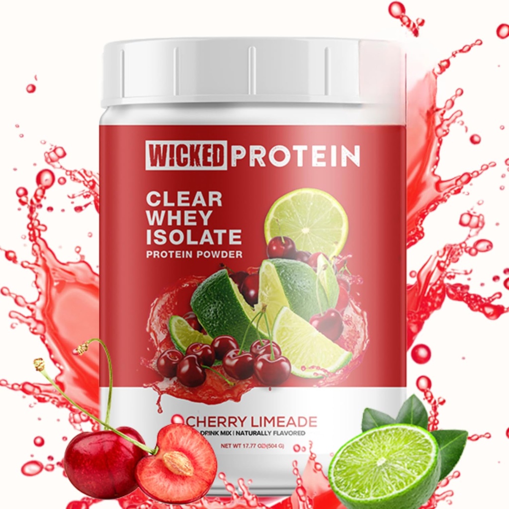 WICKED Protein Powder, Clear Whey Isolate, 23g Protein, 95 Calories, Refreshing Juice, Clean Label Project Certified, Gluten Free, Post Workout Recovery, Protein for Women and Men (Cherry Limeade)