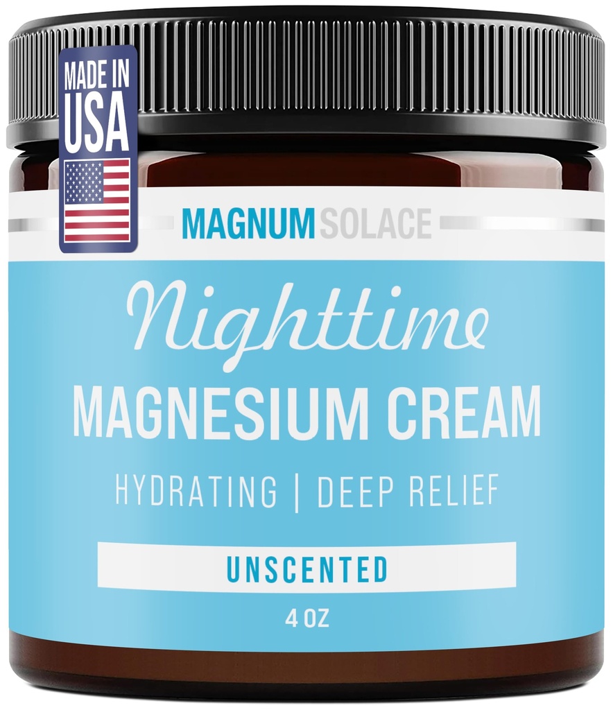 Magnum Solace Lotion de magnésium – Crème de nuit hydratante Appliquer sur les jambes, les bras ou la poitrine - Chlorure topique USA Made and Safe for Kids (Inscented)