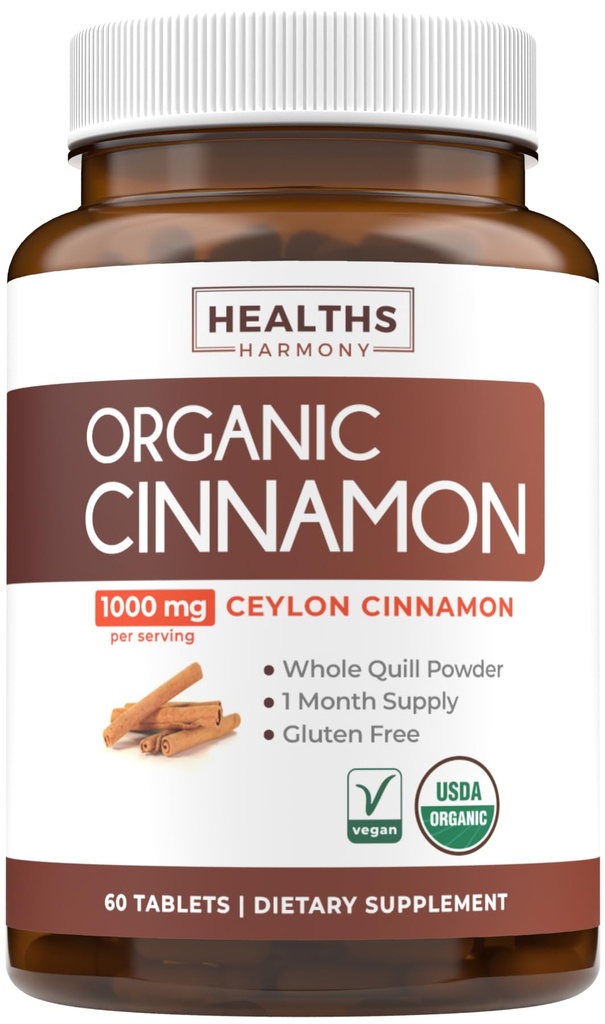 Pilules de cannelle bio de l'USDA - supplément de cannelle de Ceylan de haute puissance avec 1000mg par portion pour le soutien antioxydant complet du corps - Végétalien non-OGM cGMP Made & Lab Vérifié (1 mois d'approvisionnement)