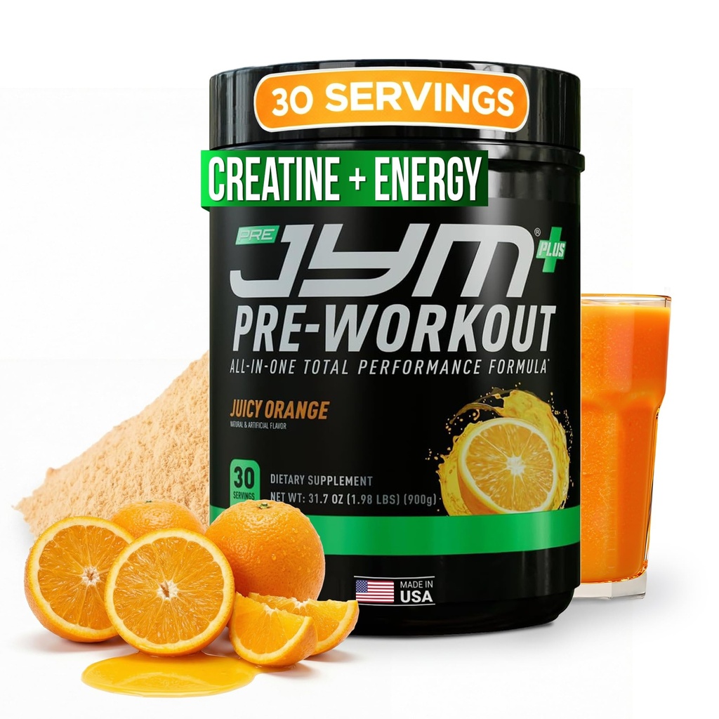 JYM Supplement Science Pre JYM Plus Orange Pre-Workout Powder, Amino Nitrates, Creatine, Betaine, Nootropics, BCAA’s, for Men & Women, 30 Servings