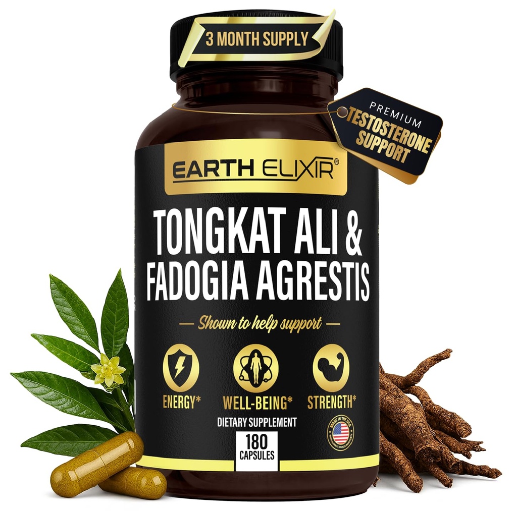 Terre Elixir Fadogia Agrestis & Tongkat Ali pour hommes & femme – Supplément de testostérone naturelle pour hommes - Fabriqué aux États-Unis & 3ème partie testée – Force, énergie et vitalité - Longjack – 3 mois d'approvisionnement