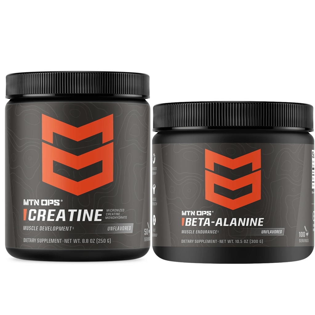 MTN OPS Creatine Monohydrate & Beta Alanine Performance Stack – Soutien de la force, de la puissance et de l'endurance musculaire – Pré-entraînement et groupe de récupération d'entraînement