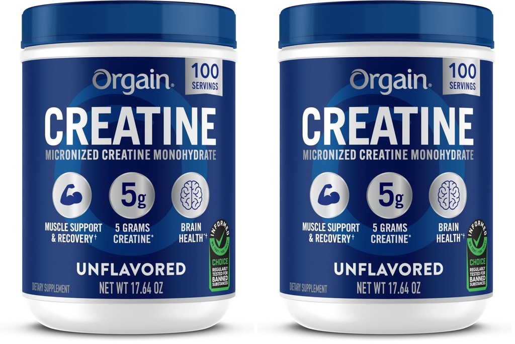 Orgaine Creatine Monohydrate Poudre micronisée, 100 portions, décolorées, soutient la croissance musculaire, la récupération post-entraînement et la santé cérébrale, Pas d'additifs artificiels, pour les hommes et les femmes, Vegan, (paquet de 2)