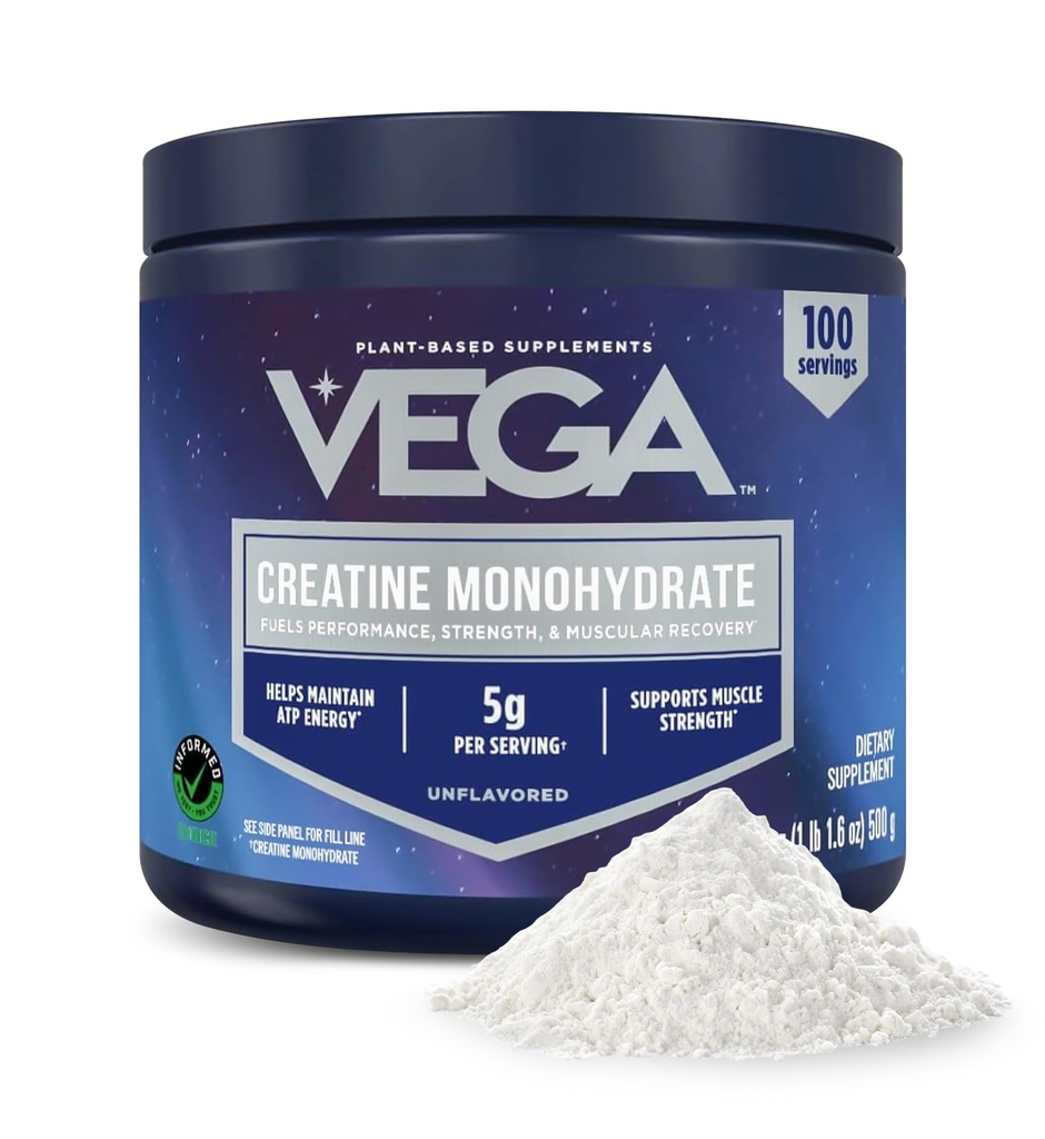 Vega Micronized Creatine Monohydrat Pulver, Unflavored – 5g reines Vegan Kreatin für Männer & Frauen, Stärke, Performance & Muskelwachstum, 100 Servierungen (17,6 oz)
