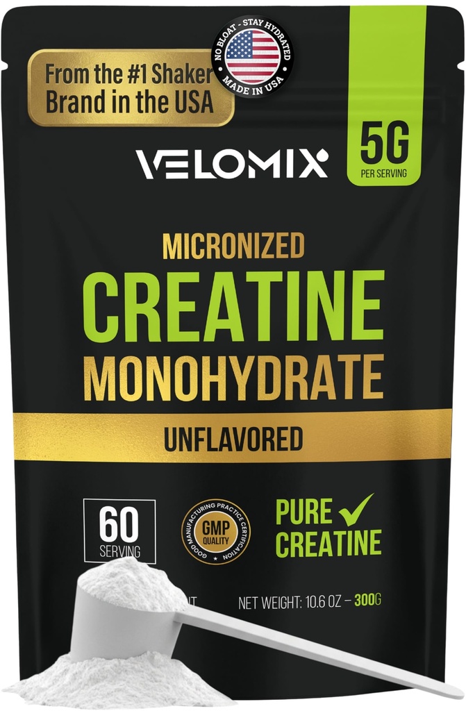 VELOMIX Micronized Creatine Monohydrat Pulver - 100% reines Kreatinpulver Unflavored und einfach zu mischen | Unterstützt Muskelwachstum, Erholung und Stärke | 5000mg pro Serv (5g) - 60 Servietten