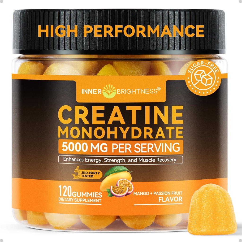 Luminosité intérieure Gommies monohydratées de créatine pour les hommes et les femmes 5000 mg, 3ème partie testée, Creatine Chews pour la croissance musculaire, la force et le soutien énergétique, sans sucre, Vegan, 120 Comte, Mango Passionfruit