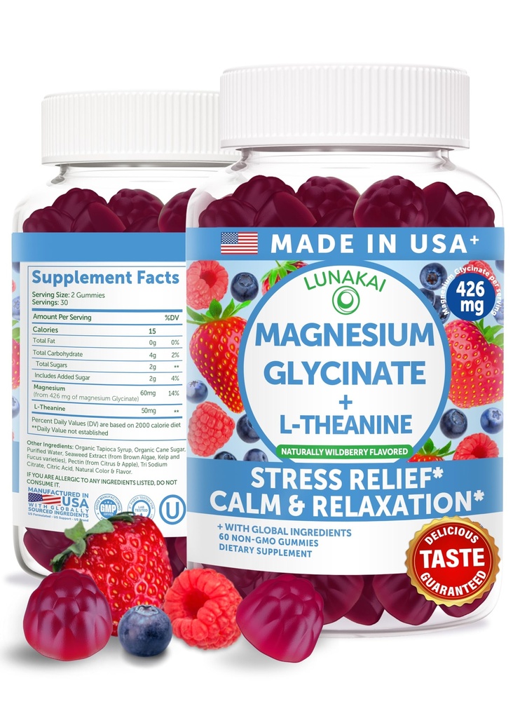 Lunakai USA Magnesium Glycinat Gommies 426mg avec L-Theanine – Calme, sommeil, soulagement du stress pour les adultes et les enfants, non-OGM, végétalien, 60ct