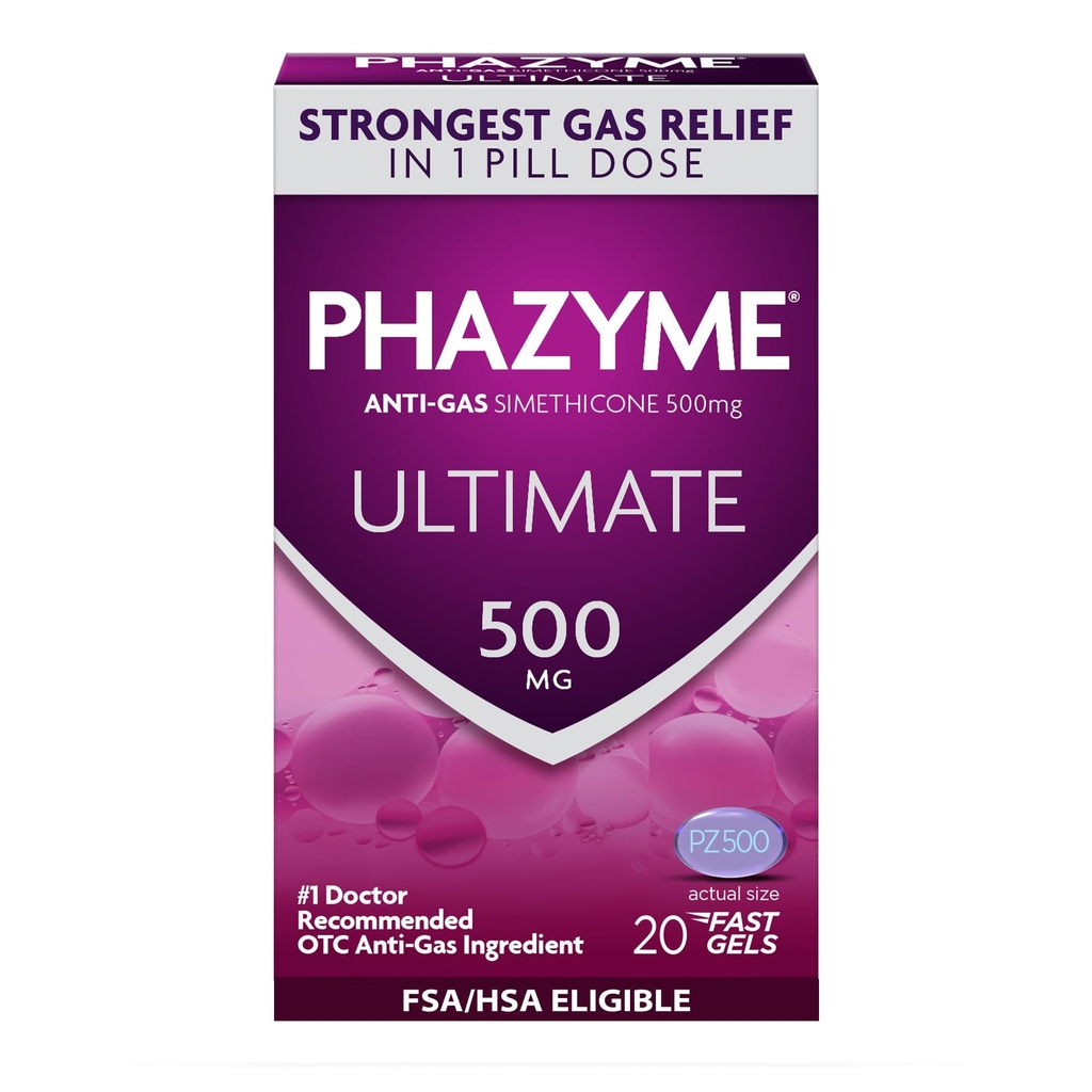 Phazyme Ultimate Strength Anti-Gas 500 mg Simethicone Gas Relief für Erwachsene, schnelle Gele schnell lösen Bloating, Druck und Discomfort, 20 Count