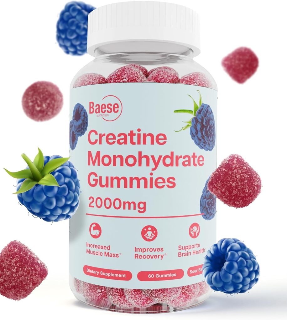 Creatine Monohydrate Gummi für Männer und Frauen - Hohe Reinheit Sour Blue Himbeer- Kaubare Creatine Infused Gummy für Muskelkraft & Energie Boost, Bioverfügbare PreWorkout Ergänzung