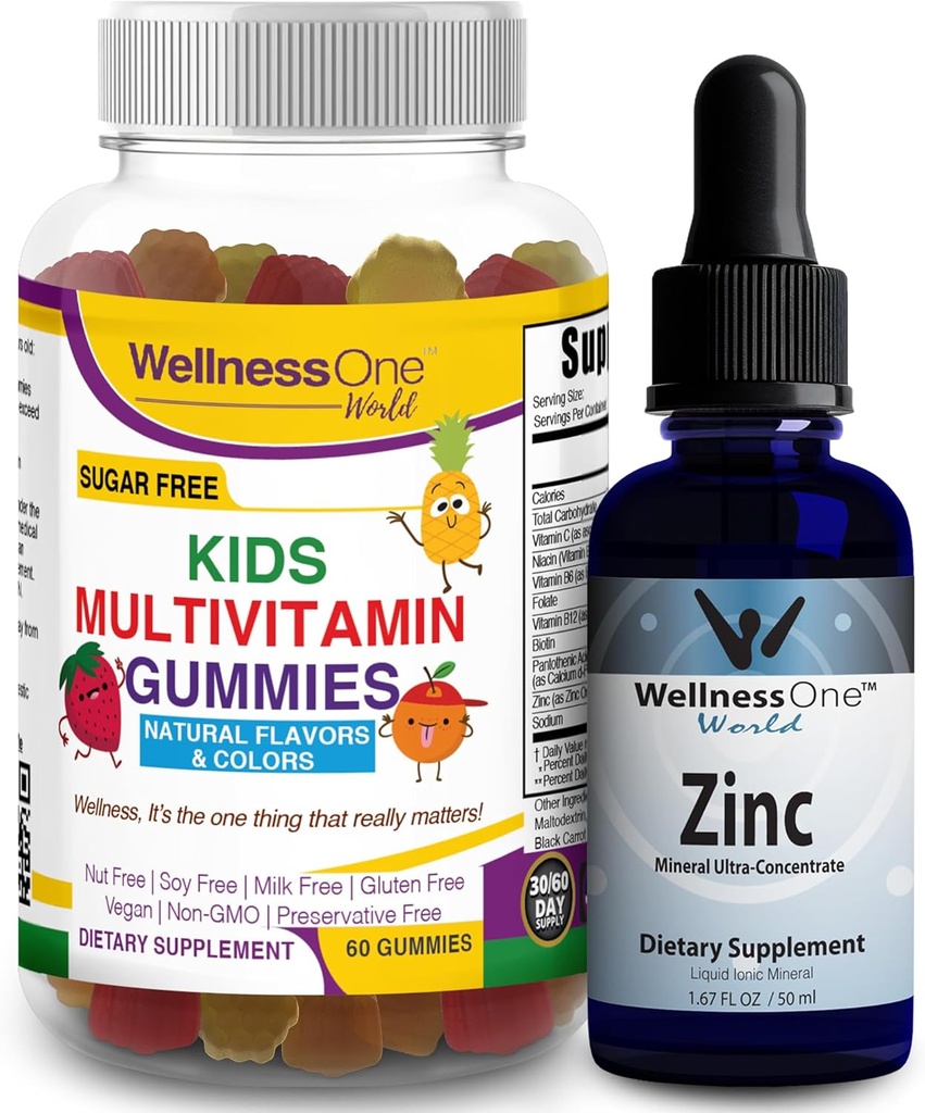WellnessOne Liquid Zinc & Kids Multivitamin Gummis - Großer Duo, um Energie, Immunität und Ihre Kinder Gehirn Gesundheit zu steigern - 1,67 fl oz Zink Flüssigkeitstropfen & 60 Bären fruchtige flammige Gummy Multivitamin für Kinder